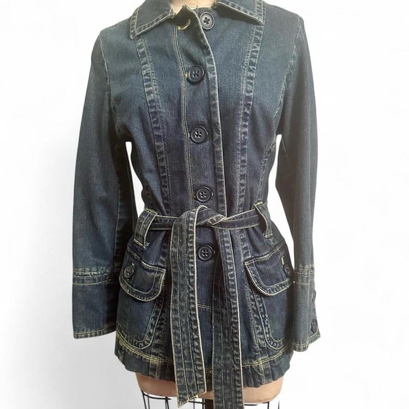 Vintage 90s fit and flair denim trench coat jacket belted sz XS - Picture 2 of 9